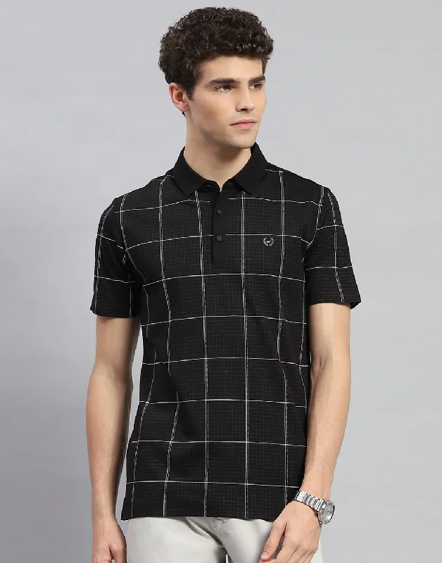 Men's slim fit short sleeve polo shirts with contrast collarsMen Black Check Polo Collar Half Sleeve T-Shirt