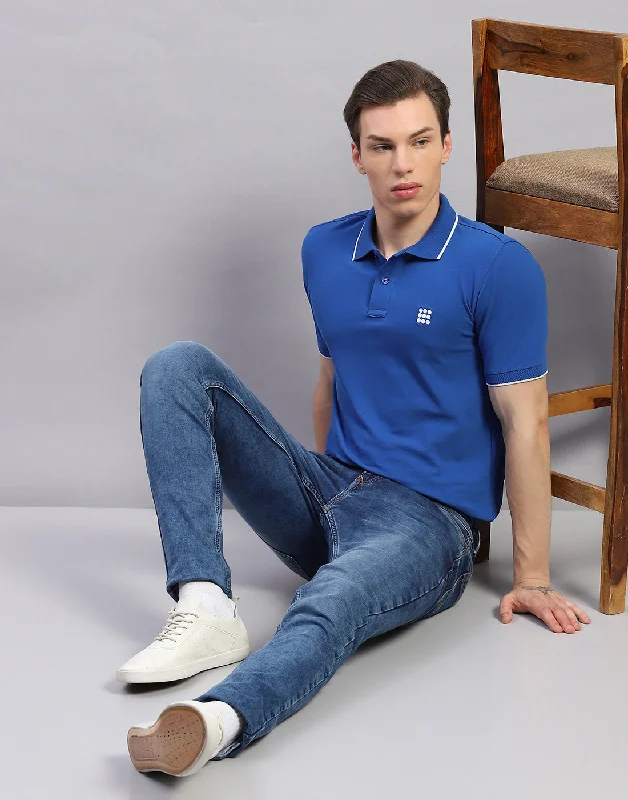 Men Blue Solid Polo Collar Half Sleeve T-Shirt