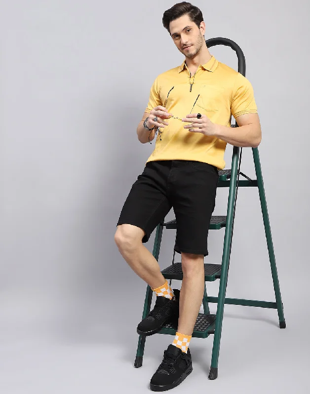 Men's button - down spread collar polo shirts for business casualMen Mustard Solid Polo Collar Half Sleeve T-Shirt