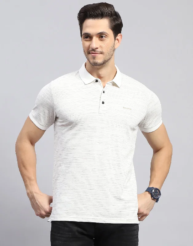 Men's antimicrobial polo shirts for odor - free daily wearMen Off White Stripe Polo Collar Half Sleeve T-Shirt