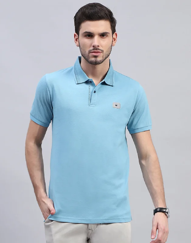 Men Sky Blue Solid Polo Collar Half Sleeve T-Shirt