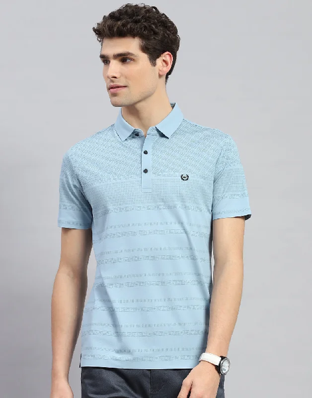 Men's jacquard woven polo shirts with intricate designsMen Sky Blue Solid Polo Collar Half Sleeve T-Shirt