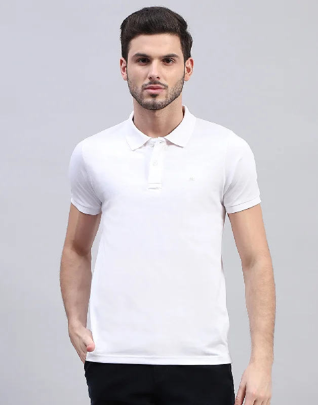 Men White Solid Polo Collar Half Sleeve T-Shirt