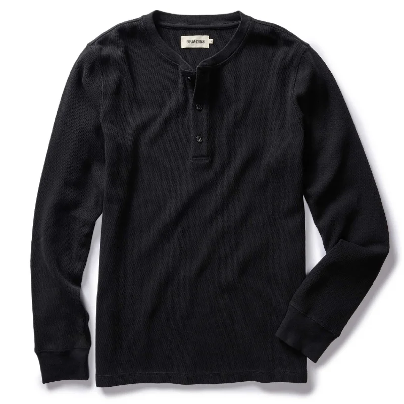 Men's color - block polo shirts with a bold fashion statementThe Organic Cotton Waffle Henley in Faded Black Men's color - block polo shirts with a bold fashion statementThe Organic Cotton Waffle Henley in Faded Black