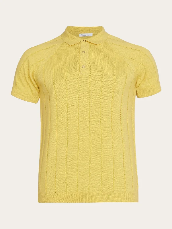 Men's jacquard woven polo shirts with intricate designsRegular short sleeved striped knitted polo - GOTS/Vegan - Misted Yellow Men's jacquard woven polo shirts with intricate designsRegular short sleeved striped knitted polo - GOTS/Vegan - Misted Yellow