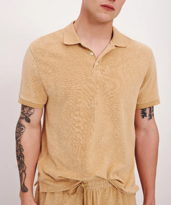 Men's luxury cashmere blend polo shirts in solid colorsTowel Terry Short Sleeve Polo - Sand Castle