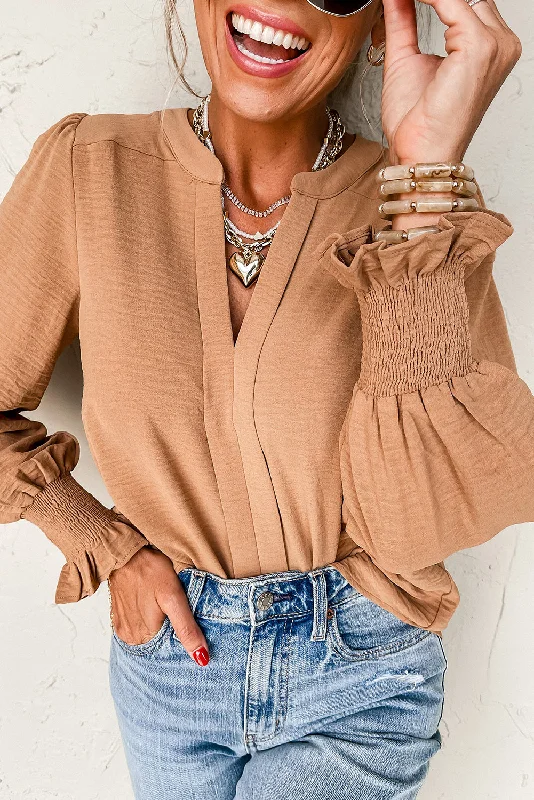 Men's long sleeve fleece - lined shirts for extreme cold weatherStraw Yellow Solid Color Shirred Cuff Notch V Neck Blouse Men's long sleeve fleece - lined shirts for extreme cold weatherStraw Yellow Solid Color Shirred Cuff Notch V Neck Blouse