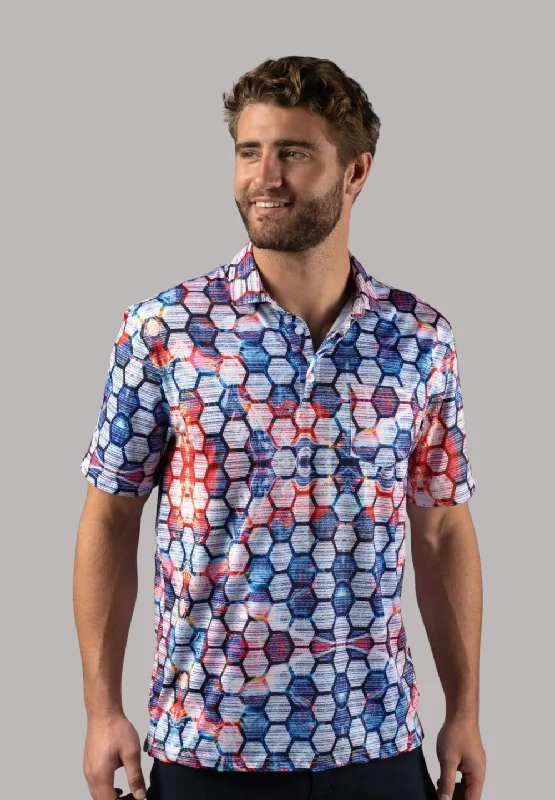 Men's antimicrobial t - shirts for odor - free freshness during travelBlue and Red Honeycomb Polo Shirt Men's antimicrobial t - shirts for odor - free freshness during travelBlue and Red Honeycomb Polo Shirt