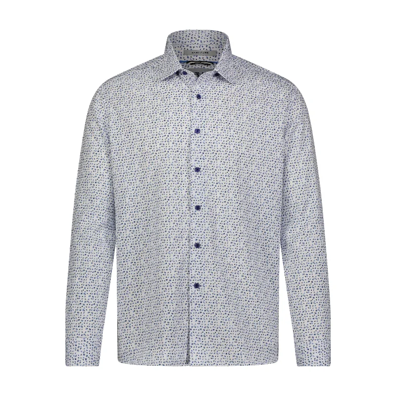 Men's eco - friendly recycled t - shirts for sustainable fashion choicesBlue Geo Print Hidden Button Down Long Sleeve Shirt Men's eco - friendly recycled t - shirts for sustainable fashion choicesBlue Geo Print Hidden Button Down Long Sleeve Shirt
