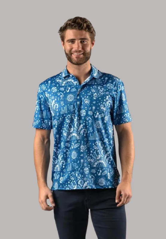 Men's short - sleeve linen t - shirts for summer beach outingsBlue with White Music Print Polo Shirt Men's short - sleeve linen t - shirts for summer beach outingsBlue with White Music Print Polo Shirt