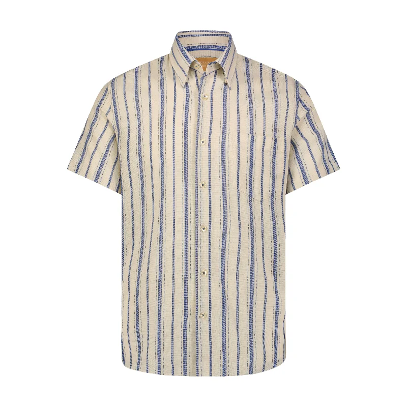 Men's smart - casual checkered t - shirts for semi - formal occasionsDenim Blue with Beige Striped Short Sleeve Shirt Men's smart - casual checkered t - shirts for semi - formal occasionsDenim Blue with Beige Striped Short Sleeve Shirt