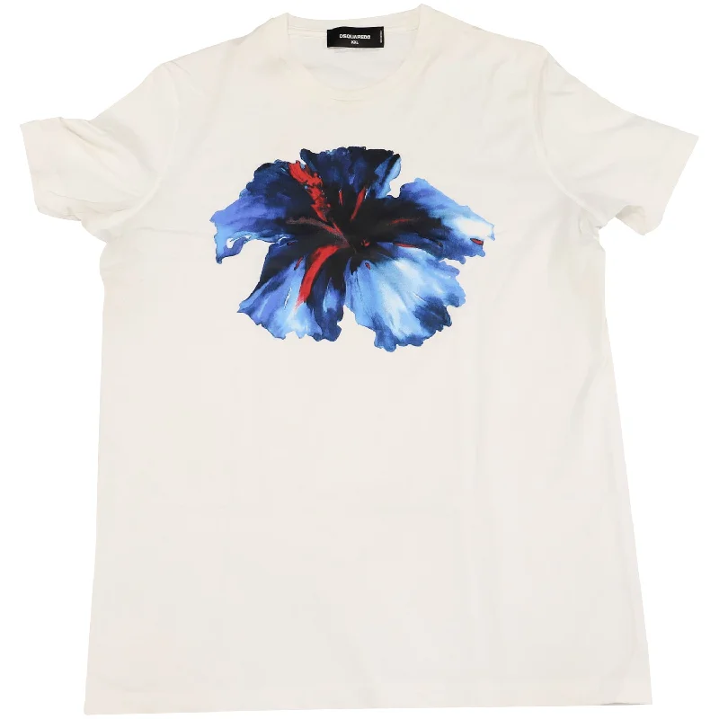 Men's distressed denim - look t - shirts with a rugged appealDsquared2 Graphic Hibiscus Flower Print T-shirt in White Cotton