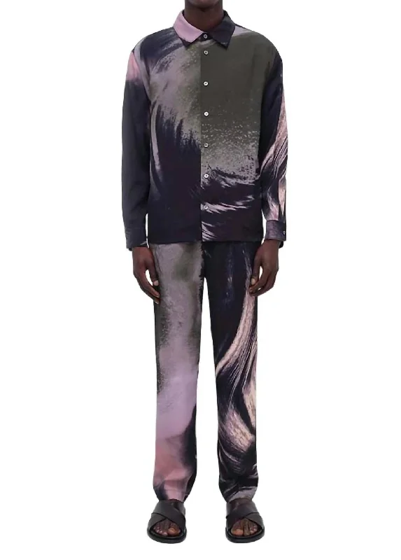 Men's button - front t - shirts with a unique artistic printFinn Long Sleeve Camp Shirt In Black Wave Print