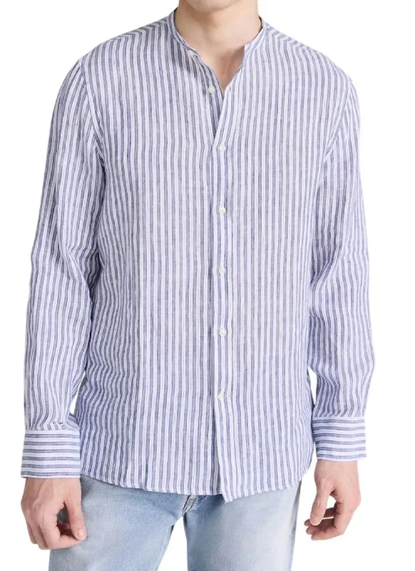 Men's plus - size pocket t - shirts with a classic lookGaston Italian Linen Stripe Shirt In Dark Navy-White