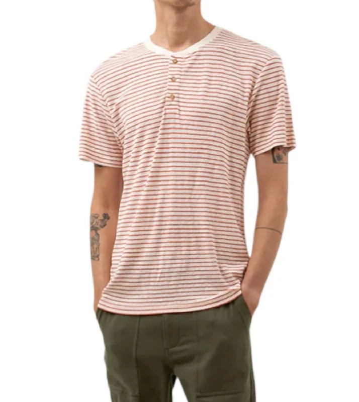 Men's button - front t - shirts with a unique artistic printLinen Striped Henley Tee In Spice