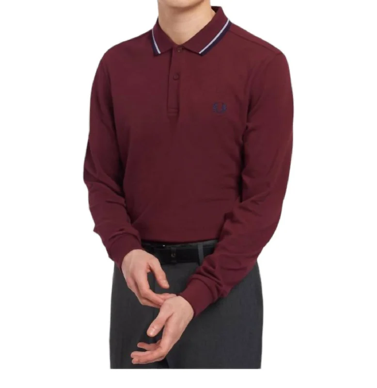 Men's polo t - shirts with a contrast collar for a preppy lookLong Sleeve Polo In Burgundy