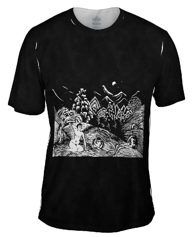 Men's mock - neck t - shirts with a modern and sleek styleM.C.Escher - "Female Nude in a Landscape" (1919) Men's mock - neck t - shirts with a modern and sleek styleM.C.Escher - "Female Nude in a Landscape" (1919)