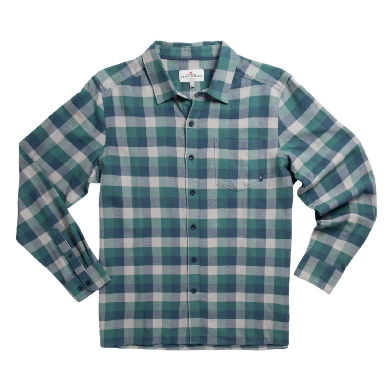 Men's button - front t - shirts with a unique artistic printMen's Traveler's Check Long Sleeve Flannel Shirt In H. Green