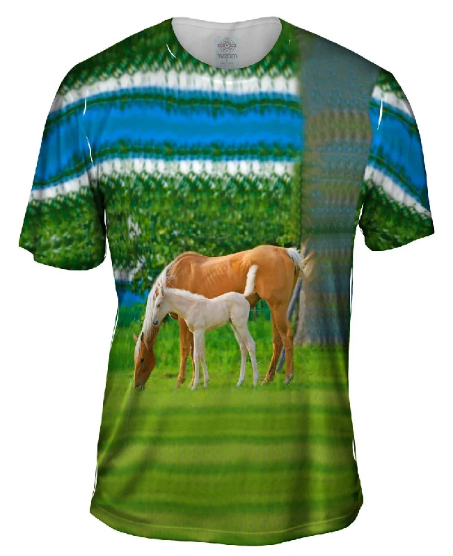 Men's mock - neck t - shirts with a modern and sleek styleMisty Horses Grazing