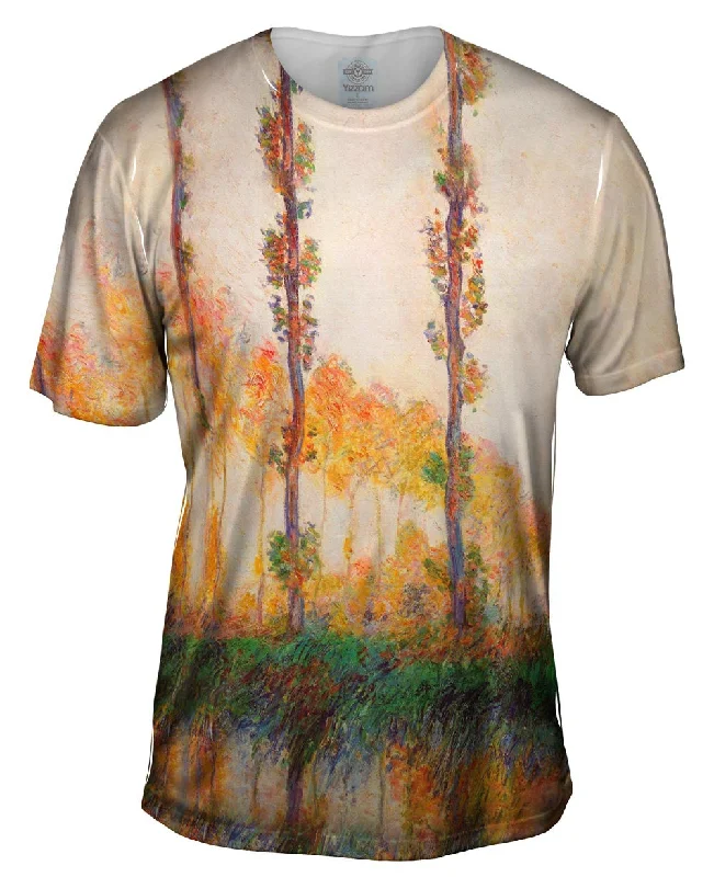 Men's button - front t - shirts with a unique artistic printMonet -"Poplars in Autumn" (1891) Men's button - front t - shirts with a unique artistic printMonet -"Poplars in Autumn" (1891)