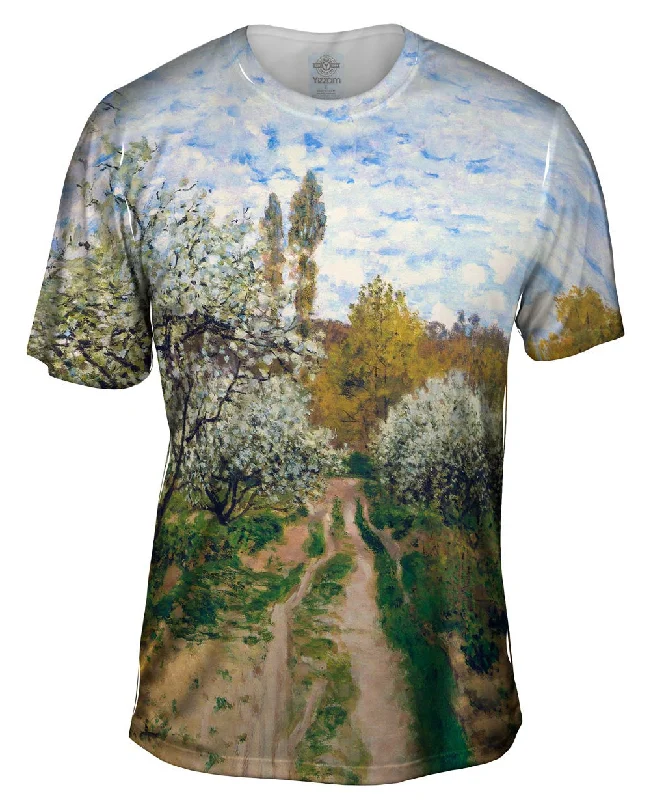 Men's eco - friendly recycled t - shirts for sustainable fashion choicesMonet -"Trees in Bloom" (1872) Men's eco - friendly recycled t - shirts for sustainable fashion choicesMonet -"Trees in Bloom" (1872)