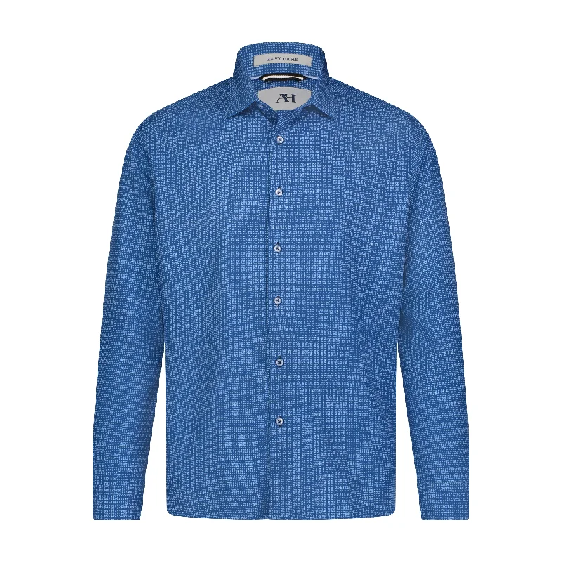 Men's smart - casual checkered t - shirts for semi - formal occasionsNavy Blue Indigo Geo Print Hidden Button Down Long Sleeve Shirt Men's smart - casual checkered t - shirts for semi - formal occasionsNavy Blue Indigo Geo Print Hidden Button Down Long Sleeve Shirt