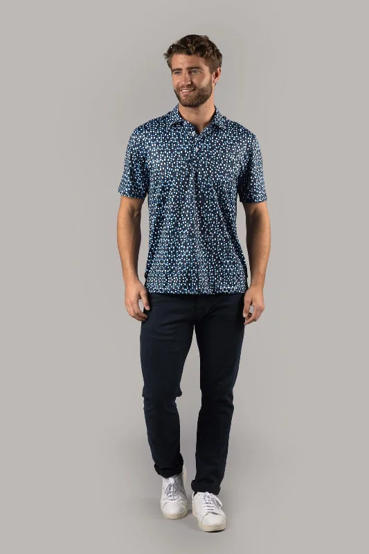 Men's mock - neck t - shirts with a modern and sleek styleNavy with White and Blue Circles Polo Shirt Men's mock - neck t - shirts with a modern and sleek styleNavy with White and Blue Circles Polo Shirt