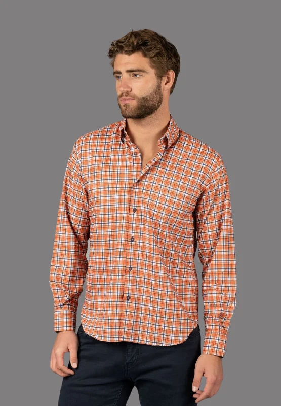 Men's printed Hawaiian t - shirts for tropical vacationsOrange, Navy, and White Plaid Shirt Men's printed Hawaiian t - shirts for tropical vacationsOrange, Navy, and White Plaid Shirt