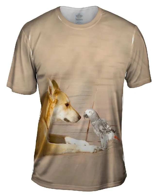 Men's printed Hawaiian t - shirts for tropical vacationsParrot And Dog Meeting Of The Minds