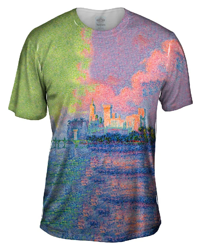 Men's button - front t - shirts with a unique artistic printPaul Signac - "The Papal Palace at Avignon" (1900)