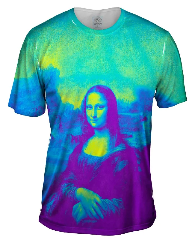 Men's short - sleeve linen t - shirts for summer beach outingsPop Art - "Da Vinci Mona Lisa Purple Yellow" (1517)
