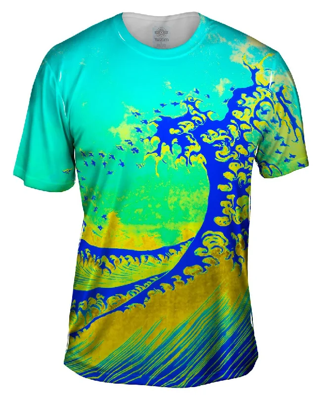 Men's printed Hawaiian t - shirts for tropical vacationsPop Art Hokusai - "The Great Wave Blue Yellow" (1830)