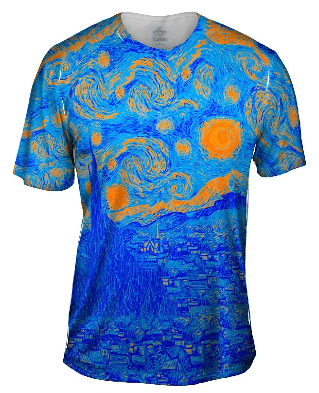 Men's smart - casual checkered t - shirts for semi - formal occasionsPop Art - "Van Gogh Starry Night Orange Blue" (1889)