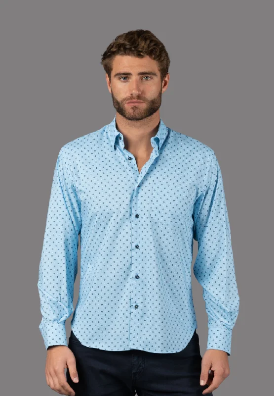 Men's printed Hawaiian t - shirts for tropical vacationsPowder Blue with Navy and White Box Shirt Men's printed Hawaiian t - shirts for tropical vacationsPowder Blue with Navy and White Box Shirt