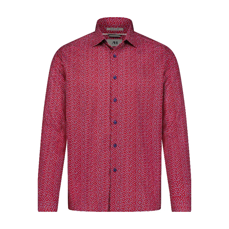 Men's button - front t - shirts with a unique artistic printRed with Indigo Dot Print Hidden Button Down Long Sleeve Shirt Men's button - front t - shirts with a unique artistic printRed with Indigo Dot Print Hidden Button Down Long Sleeve Shirt
