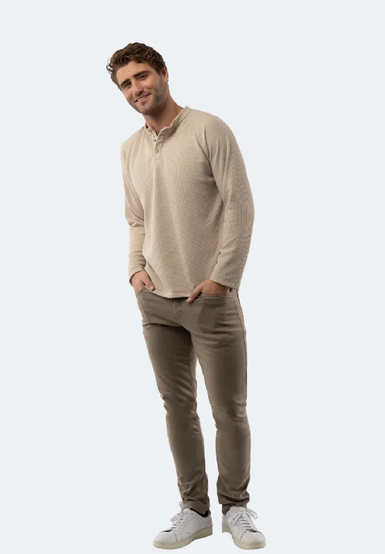 Men's slim - fit graphic t - shirts with vintage rock band printsSand Waffle Knit 3-Button Henley Men's slim - fit graphic t - shirts with vintage rock band printsSand Waffle Knit 3-Button Henley