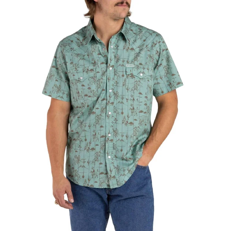 Men's smart - casual checkered t - shirts for semi - formal occasionsSerape Pearl Snap Short Sleeve Polo In Azulado Desert Rodeo