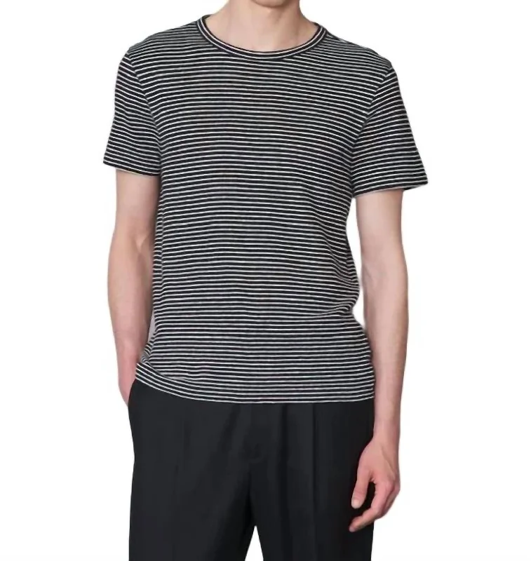 Men's polo t - shirts with a contrast collar for a preppy lookShort Sleeve Stripe Cotton Linen Tee In Black/ecru