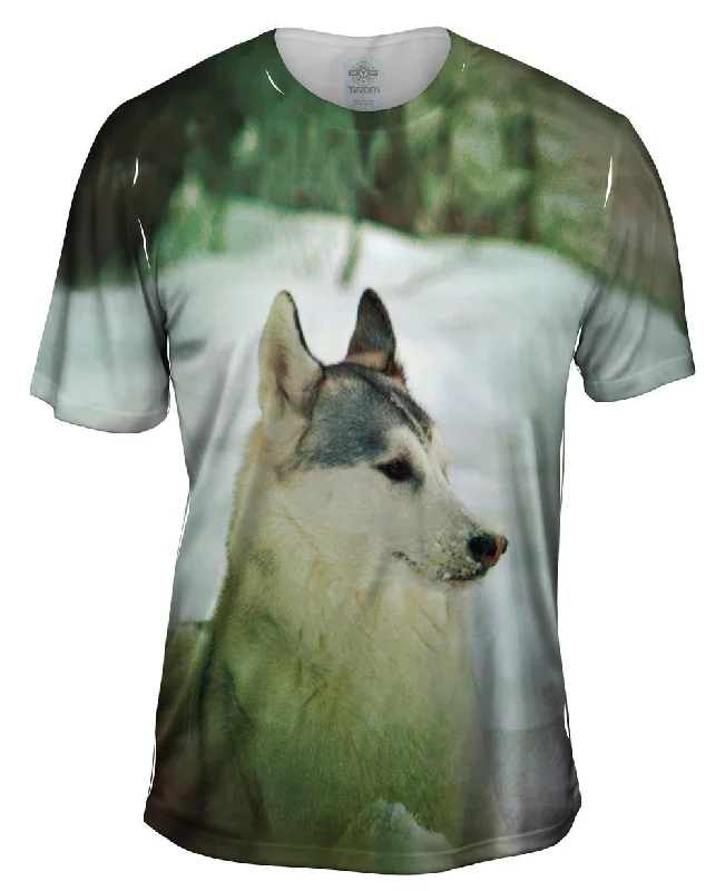 Men's button - front t - shirts with a unique artistic printSiberian Husky Snow