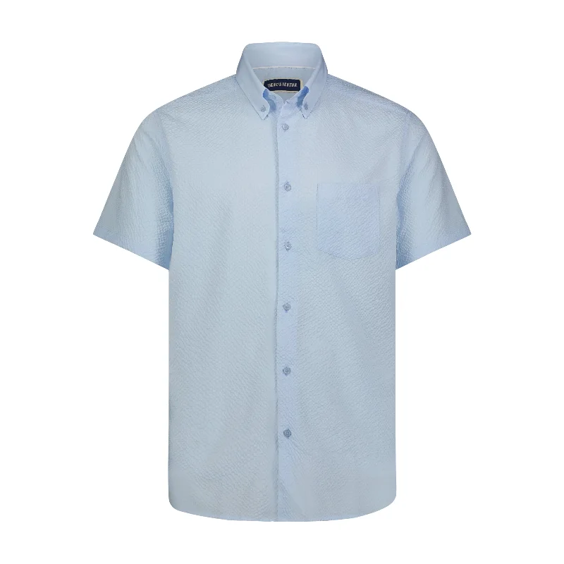 Men's lightweight performance t - shirts for running marathonsSky Blue Seer Sucker Stretch Button Down Short Sleeve Shirt