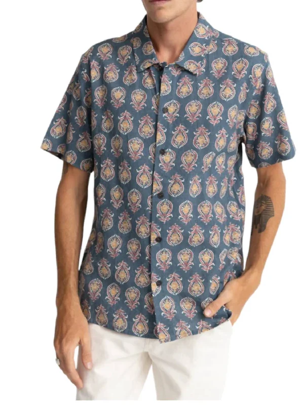 Men's distressed denim - look t - shirts with a rugged appealTofo Short Sleeve Button Up Shirt In Navy