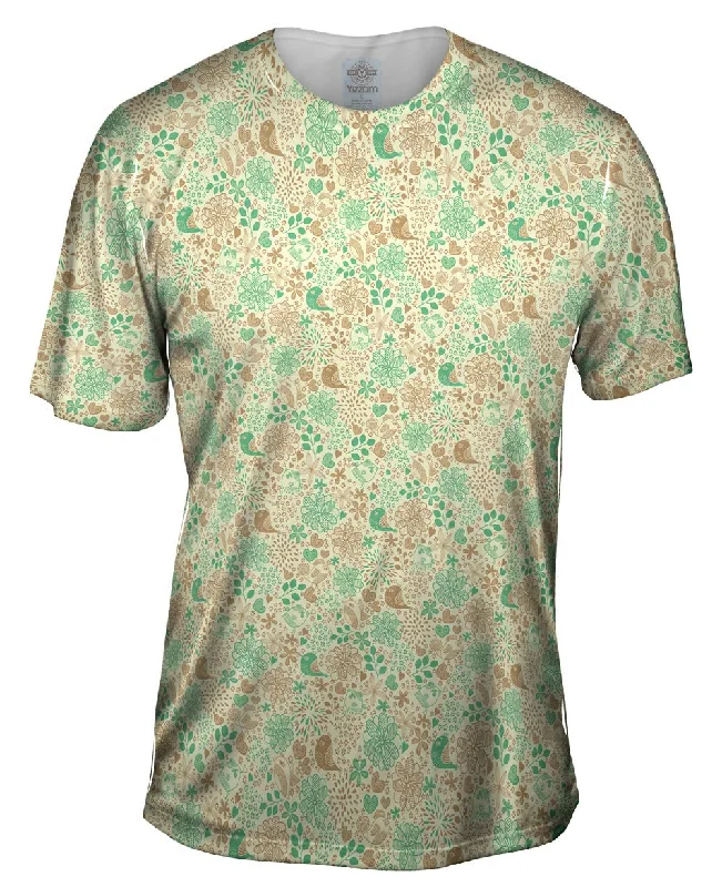 Men's button - front t - shirts with a unique artistic printTribal Birds And The Trees Brown Green