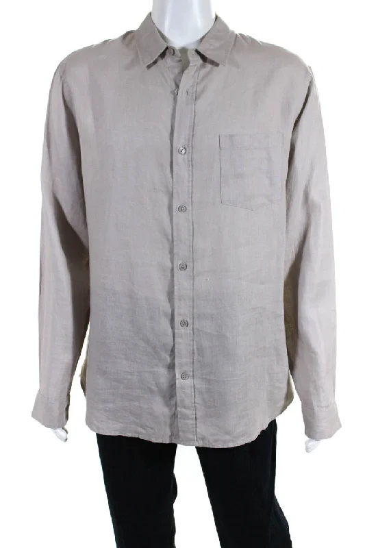 Men's eco - friendly recycled t - shirts for sustainable fashion choicesVince Mens Linen Buttoned Collared Cuff Long Sleeve Casual Top Tan