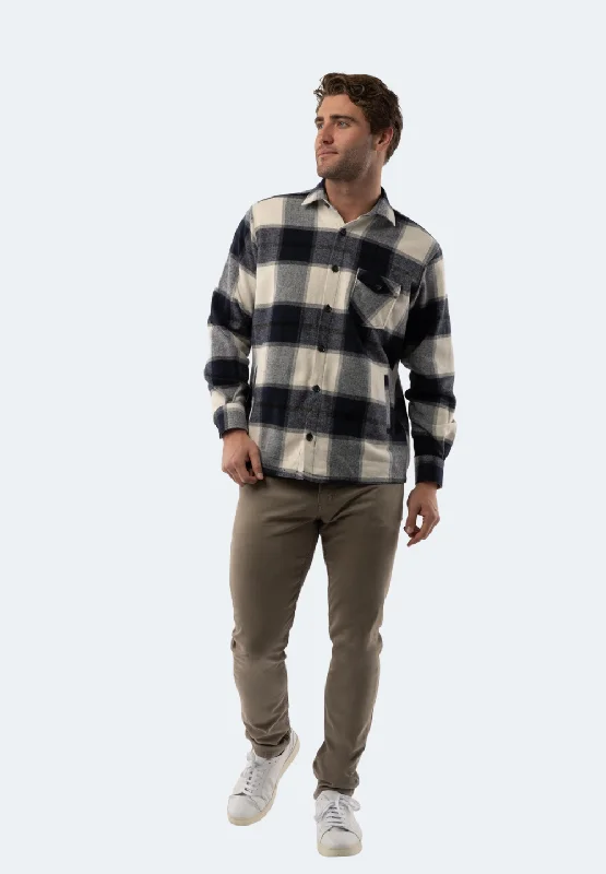 Men's mock - neck t - shirts with a modern and sleek styleWhite and Navy Plaid Flannel Men's mock - neck t - shirts with a modern and sleek styleWhite and Navy Plaid Flannel