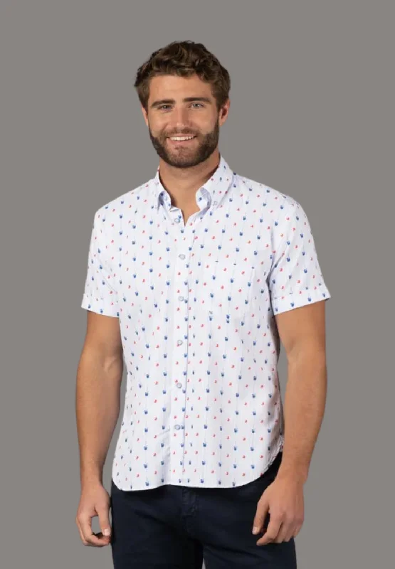 Men's printed Hawaiian t - shirts for tropical vacationsWhite with Blue Cocktails and Orange Slices Men's printed Hawaiian t - shirts for tropical vacationsWhite with Blue Cocktails and Orange Slices