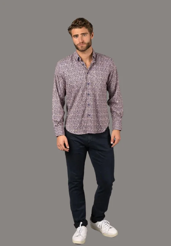 Men's mock - neck t - shirts with a modern and sleek styleWhite with Orange Dots and Navy Leaves Men's mock - neck t - shirts with a modern and sleek styleWhite with Orange Dots and Navy Leaves