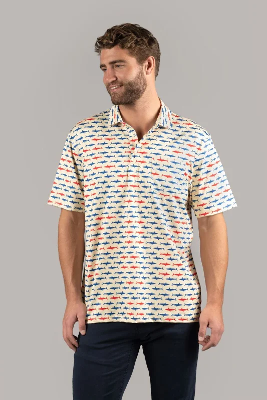 Men's mock - neck t - shirts with a modern and sleek styleYellow with Sharks Polo Shirt Men's mock - neck t - shirts with a modern and sleek styleYellow with Sharks Polo Shirt